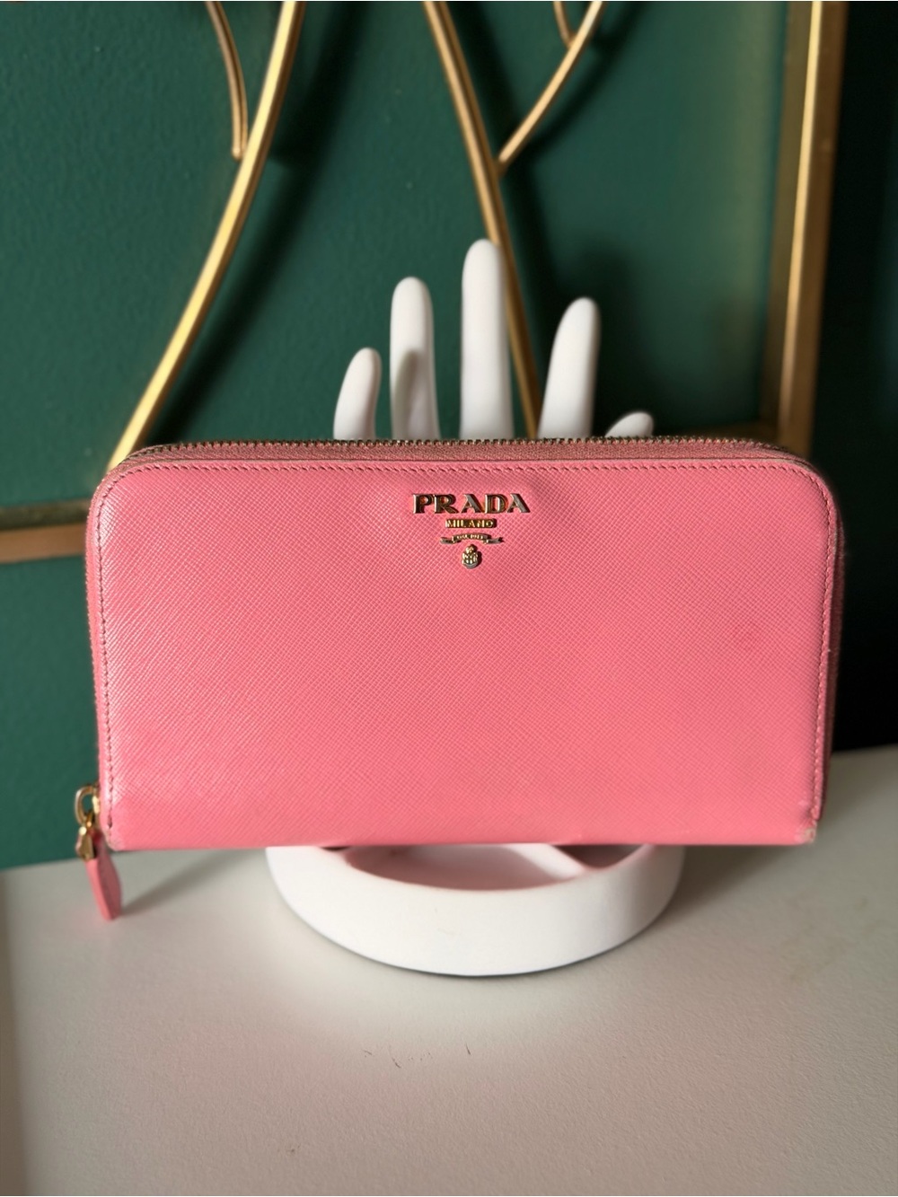 Prada Pink Saffiano Leather Zip Wallet with Gold Logo